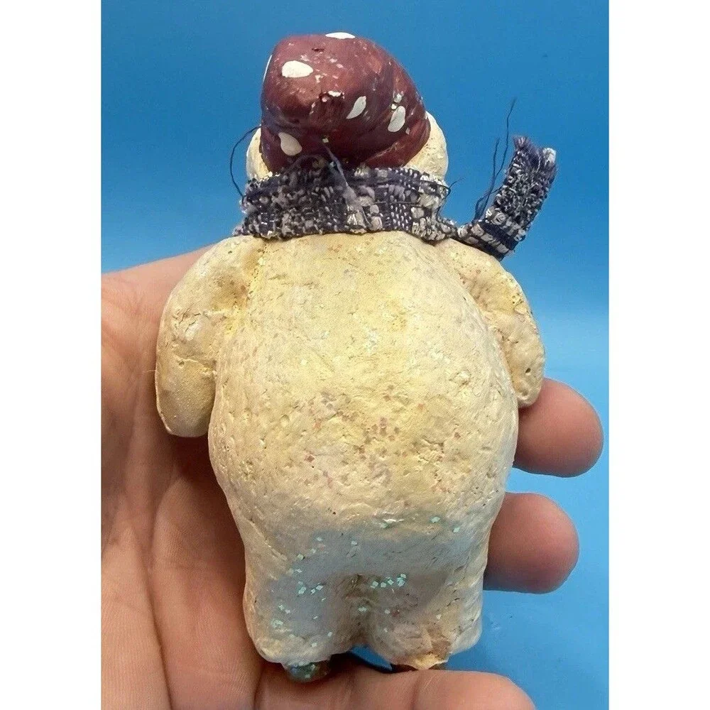 Ceramic Snowman Christmas Ornament Folk Art Glitter Red Hat Scarf Rustic